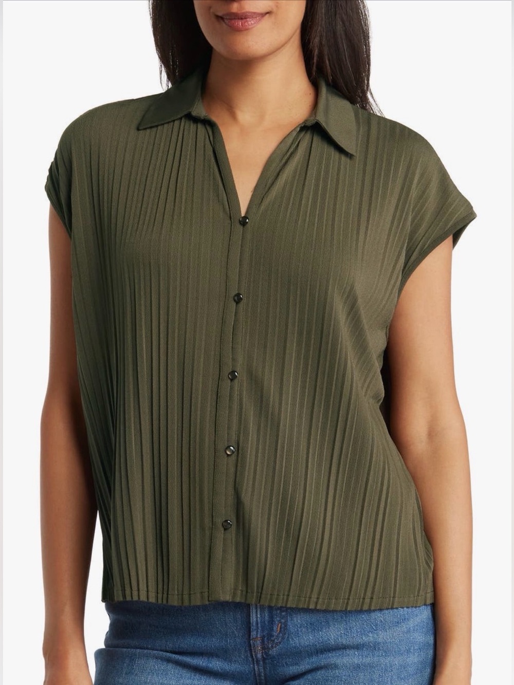 Adrianna Papell Olive Green Pleated Cap-Sleeve Button-Front Shirt